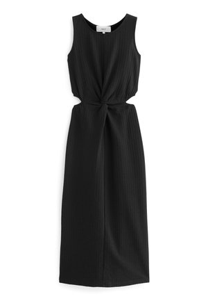Vestido midi negro sin mangas con escote redondo, tela texturizada y detalle de nudo retorcido en las aberturas de la cintura a ambos lados.