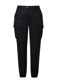Schwarze Cargo-Hosen aus glattem Stoff, mit Seitentaschen, schmal zulaufendem Bein, elastischen Bündchen und einem vorderen Knopfverschluss.