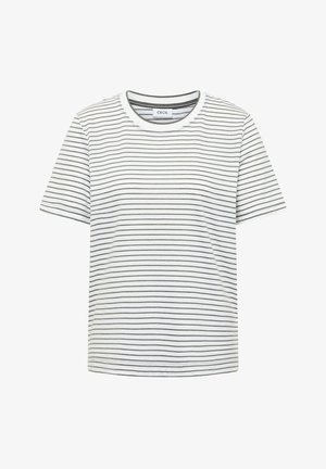 Weißes T-Shirt mit kurzem Ärmel und Rundhalsausschnitt, dünne horizontale schwarze Streifen, innen am Kragen mit "CECIL" beschriftet.