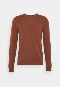 Brązowy sweter wykonany z miękkiego materiału, z okrągłym dekoltem, długimi rękawami oraz ściągaczami przy mankietach i u dołu. Prosty, gładki design.