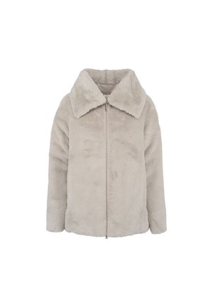 Chaqueta de piel sintética gris claro con cuello, cremallera completa y mangas largas. Textura suave con un aspecto aterciopelado y sin patrones visibles.