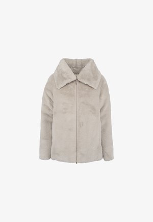Chaqueta de piel sintética gris claro con cuello, cremallera completa y mangas largas. Textura suave con un aspecto aterciopelado y sin patrones visibles.