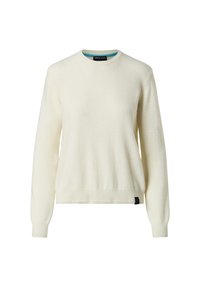 Cremfarbener Pullover aus weichem Material, mit Rundhalsausschnitt, langen Ärmeln, gerippten Bündchen und einem kleinen schwarzen Markenetikett am Saum.