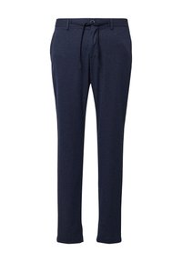 Marineblaue, leichte Hose mit Kordelzugbund, geradem Bein, subtiler Textur und ohne sichtbare Taschen.