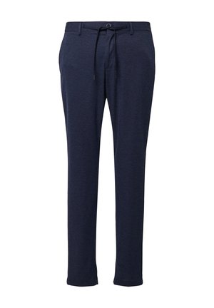 Navy blue, lightweight trousers with a drawstring waist, straight-leg design, subtle texture, and no visible pockets.
