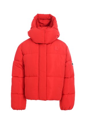 Rode gewatteerde winterjas met hoge kraag en lange mouwen, ontworpen voor warmte en comfort.