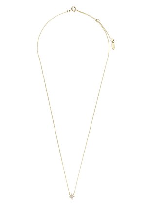 Goudvergulde ketting met een fijne schakel, voorzien van een stervormige hanger versierd met een centrale sprankelende steen. Verstelbare lengte.