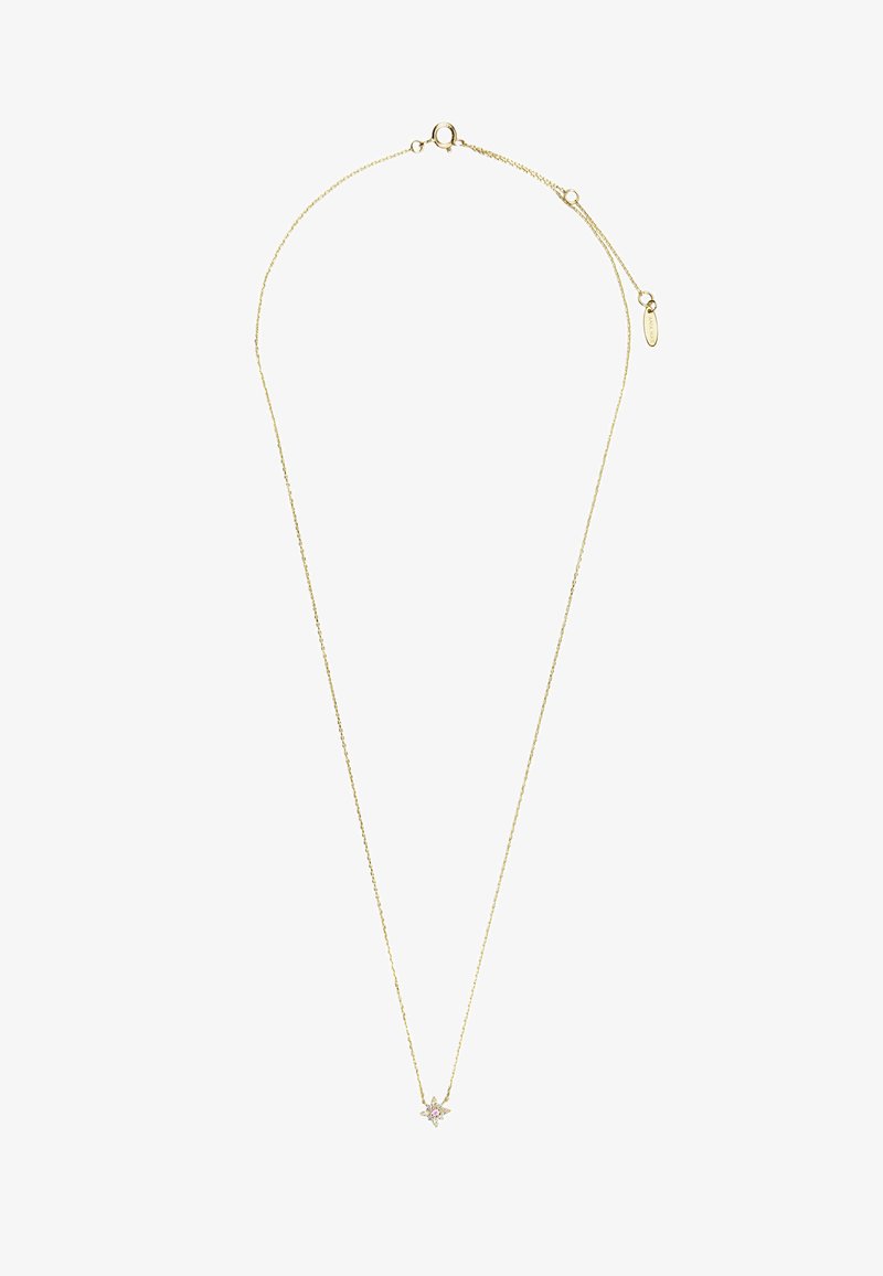Gold-plated necklace with a fine chain, featuring a star-shaped pendant adorned with a central sparkling stone. Adjustable length.