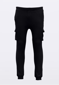 Svarta joggerbyxor i mjukt material med sidofickor och elastiska muddar vid anklarna. Dragsko i midjan.