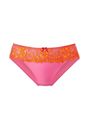 Pink women's underwear with a wide floral lace band in orange at the top and a small bow in the center front.