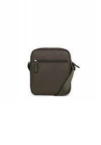 Borsa a tracolla verde oliva con esterno testurizzato, forma rettangolare, chiusura superiore con zip e tracolla regolabile. Tasca frontale con zip ben visibile.