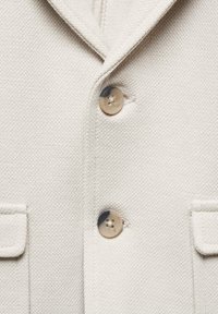 Blazer beige texturizado con dos botones, solapas en pico y bolsillos de solapa. La tela tiene un acabado tejido para un detalle adicional.