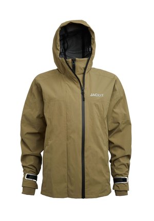 Giacca impermeabile khaki con zip frontale, cappuccio regolabile e polsini elasticizzati. Presenta dettagli neri sulla zip e sul logo. Materiale resistente.
