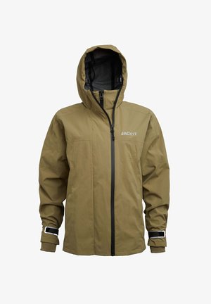 Khaki wasserfeste Jacke mit Reißverschluss vorne, verstellbare Kapuze und elastischen Bündchen. Mit schwarzen Reißverschluss- und Logoakzenten. Strapazierfähiges Material.