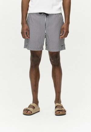 Herren Badehosen, navyblau und weiß gestreift, leichtes Material, elastischer Bund mit Kordelzug, seitliche Taschen. Getragen mit leichten Sandalen.