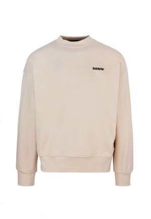 Felpa di un leggero beige realizzata in tessuto morbido, con colletto alto, spalle scese e un logo nero "BARROW" sul petto.