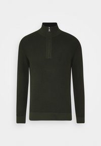 Maglione lavorato a maglia con collo alto e zip corta, di colore verde scuro. Presenta una texture a costine e polsini aderenti, offrendo una silhouette strutturata.