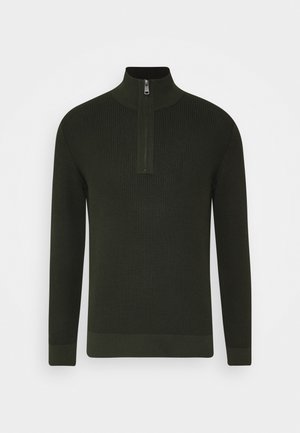 Strickpullover mit hohem Kragen und kurzem Reißverschluss in Dunkelgrün. Mit geripptem Muster und taillierten Bündchen, die eine strukturierte Silhouette bieten.