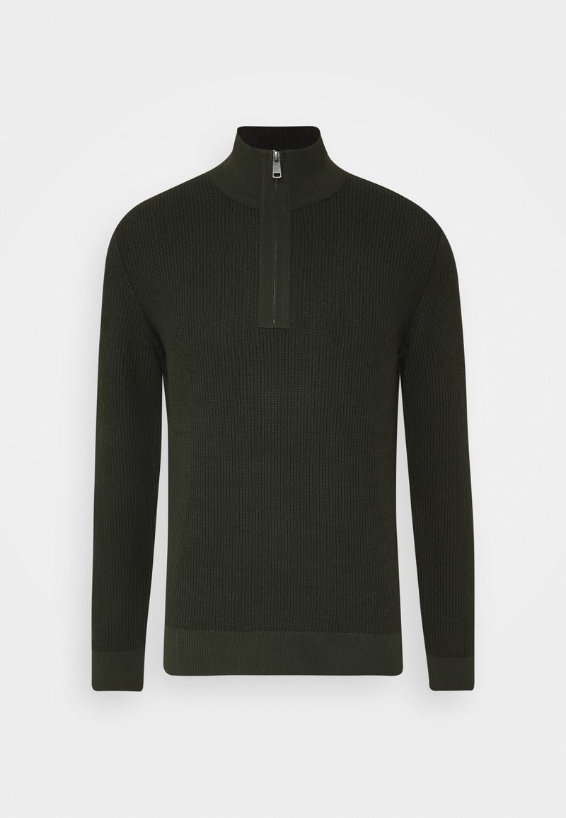 Maglione lavorato a maglia con collo alto e zip corta, di colore verde scuro. Presenta una texture a costine e polsini aderenti, offrendo una silhouette strutturata.