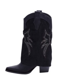 Botas de vaquero negras hasta la mitad de la pantorrilla con puntera afilada, tacón bajo y ligero bordado decorativo en el caña de ante.