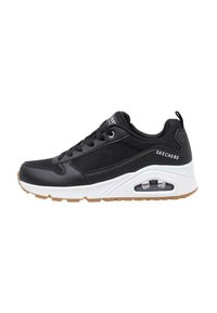 Zapatillas Skechers con parte superior de malla negra y sintética, media suela blanca, suela de goma natural, diseño de cordones y detalle de amortiguación de aire.