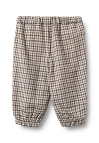 Bawełniane spodnie w kratę z elastycznym pasem, w beżowo-granatowy wzór, ze ściągaczami przy nogawkach i luźnym krojem.