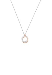 Collana in argento con pendente intrecciato, con una sezione in oro rosa e una superficie di pietre trasparenti per un tocco di brillantezza in più.