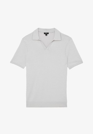 Vaaleanharmaa lyhythihainen neulottu poolopaita, jossa on tekstuuri kuvio ja resorit kauluksessa, hihoissa ja helmassa. Paita on aseteltu tasaisesti valkoiselle taustalle.