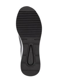 Semelle de chaussure en caoutchouc noir avec des rainures horizontales, bout légèrement arrondi et un logo central. Comprend des éléments de confort et de durabilité.