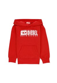Felpa con cappuccio rosso in cotone, dotata di tasca frontale e stampa del logo bianco con effetto sbiadito sul petto. Polsini e orlo a coste.
