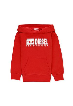 Felpa con cappuccio rosso in cotone, dotata di tasca frontale e stampa del logo bianco con effetto sbiadito sul petto. Polsini e orlo a coste.