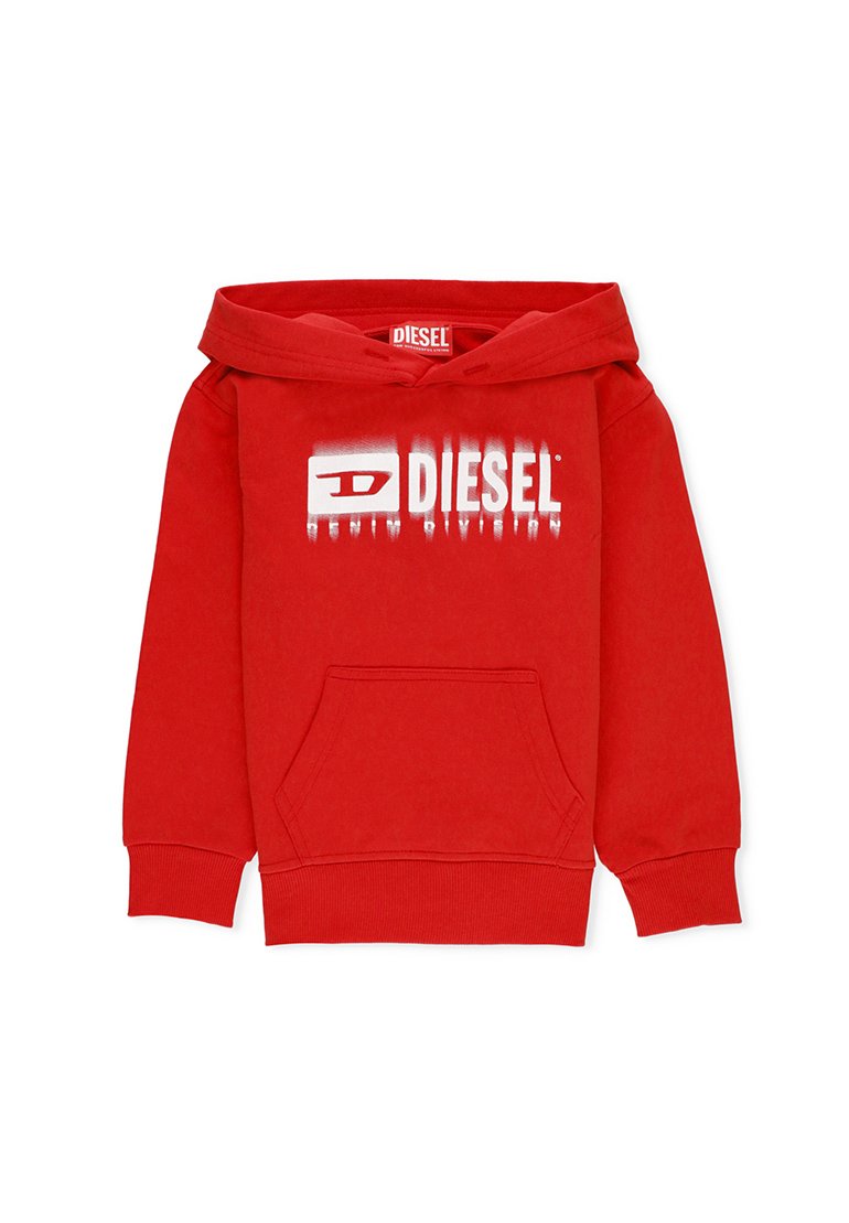 Felpa con cappuccio rosso in cotone, dotata di tasca frontale e stampa del logo bianco con effetto sbiadito sul petto. Polsini e orlo a coste.