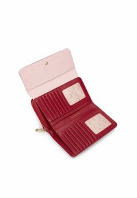 Red leather wallet with a textured light pink lining, multiple card slots, and clear ID windows. Gold hardware with a zip closure.