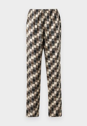 Karirane hlače v odtenkih črne, rjave in kremne z elastičnim pasom; gladek material z rahlo strukturiranim vzorcem.