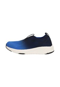 Blå og sort strikket tennissko med slip-on design. Har en tekstureret overdel, hvid mellemsål og sort ydersål.