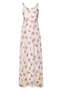 Maxikleid aus leichtem pinkfarbenen Stoff mit floralem Muster in Rot- und Grüntönen. Ärmelloses Design mit rüschigem Ausschnitt.