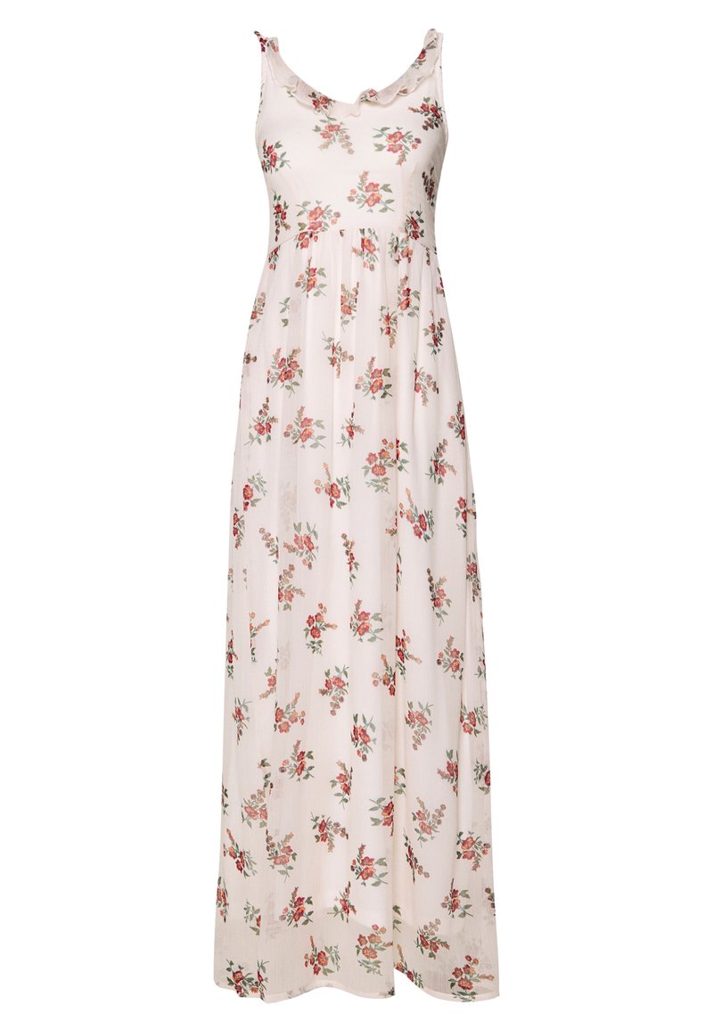 Maxikleid aus leichtem pinkfarbenen Stoff mit floralem Muster in Rot- und Grüntönen. Ärmelloses Design mit rüschigem Ausschnitt.