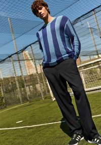 Blau- und hellblau gestreifter Strickpullover mit rundem Ausschnitt, kombiniert mit schwarzen Hosen und schwarzen Turnschuhen auf einem grasbewachsenen Feld.