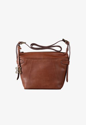 Brown leather crossbody bag with a zippered top, adjustable strap, and gold-tone hardware accent. Features a textured finish and pleat details.
