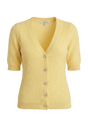Cárdigan de punto amarillo de manga corta con cinco botones redondos decorativos y cuello en V, etiqueta Morgan, talla pequeña.