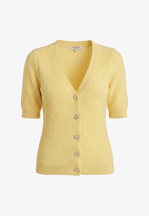 Cardigan jaune en maille à manches courtes avec cinq boutons ronds décoratifs et col en V, étiquette Morgan, taille small.