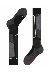 Calzini neri e grigi con motivi esagonali, texture a coste e aree rinforzate sulle punte e i talloni. Presentano dettagli bianchi e un logo.