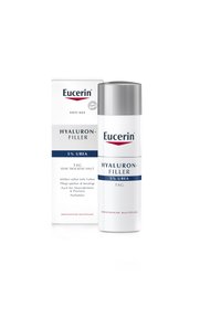 Eucerin Hyaluron-Filler, 5% Urea, in a white and silver pump bottle, accompanied by a matching box, features a smooth, minimalist design.