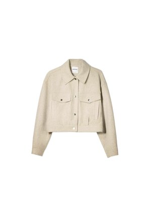 Korte beige jas van een wolmix, met een knoopsluiting aan de voorkant, twee borstzakken en een puntige kraag. Zachte textuur en getailleerd ontwerp.