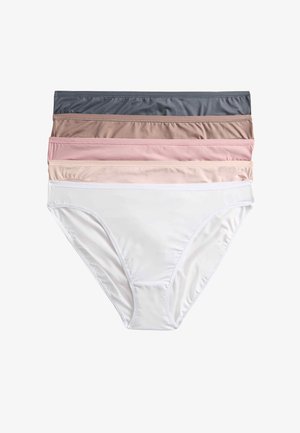 Vijf paar dameshipster in verschillende kleuren: donkergrijs, lichtbruin, blushroze, bleekroze en wit. Glad, rekbaar materiaal, ontwerp met volledige bedekking.