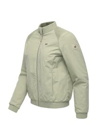 Lichtgroene bomberjack met ritssluiting, geribde kraag, manchetten en tailleband, met gewatteerde schouders en een ronde patch op de linkermouw.