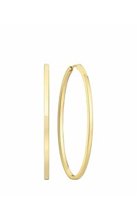 Guldörhängen i form av hoops med en elegant, platt design. Cirkulär form, slät yta och säker låsning. Dimensionerna betonar enkelhet och elegans.