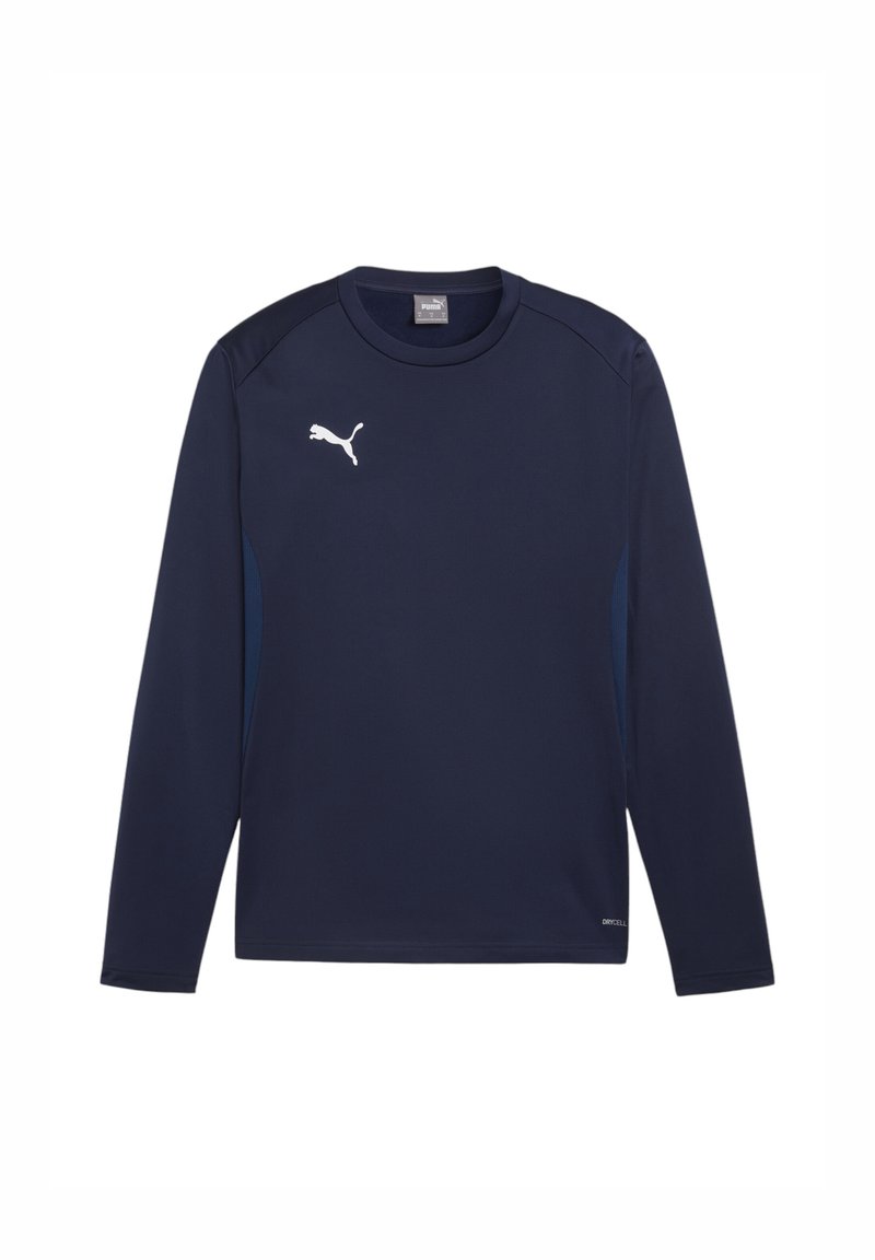 T-shirt a maniche lunghe blu navy realizzato in tessuto liscio e traspirante. Presenta pannelli laterali blu a contrasto e un logo bianco Puma sul petto.