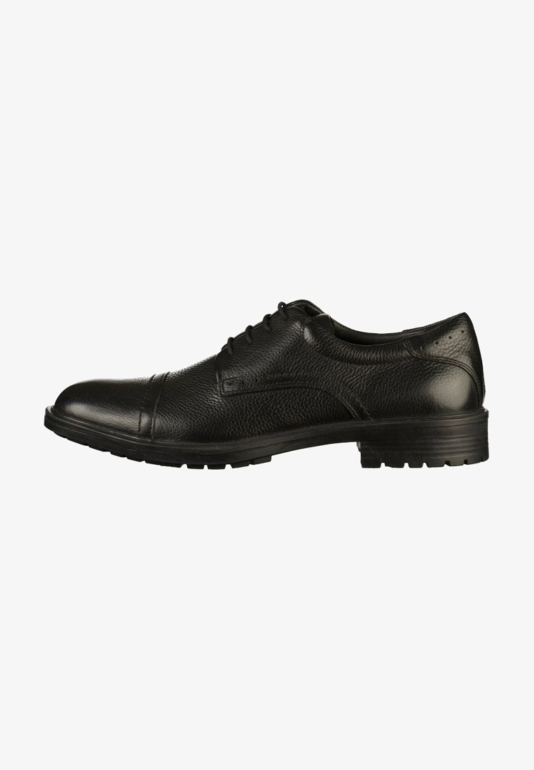 Chaussure habillée noire en cuir pour homme à lacets, bout droit et semelle texturée, vue de côté sur fond blanc.