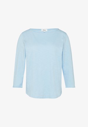 Helles blaues Langarmshirt aus weichem Stoff, mit einem Bootsausschnitt und lockerer Passform, abgerundetem Saum und ohne Muster.